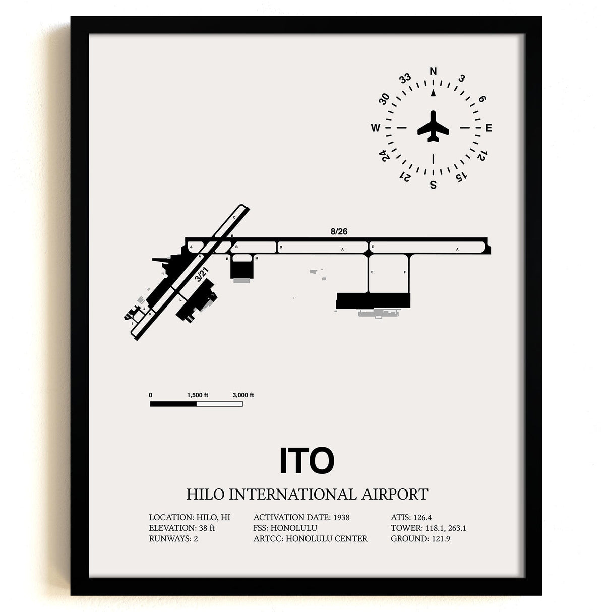 Framed Detailed Airport Map of Hilo International Airport (ITO) in White with a Black Frame