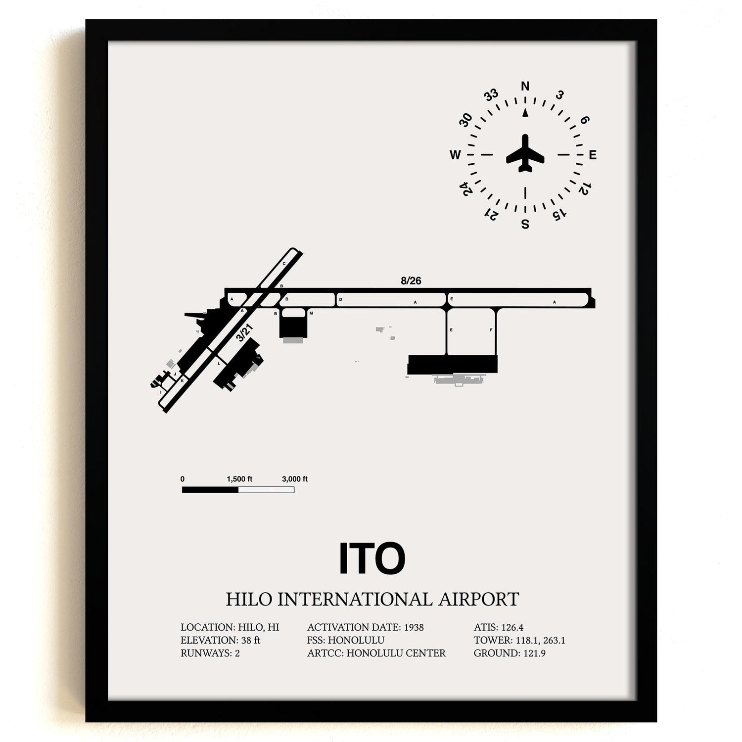 Framed Detailed Airport Map of Hilo International Airport (ITO) in White with a Black Frame