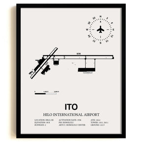Framed Detailed Airport Map of Hilo International Airport (ITO) in White with a Black Frame