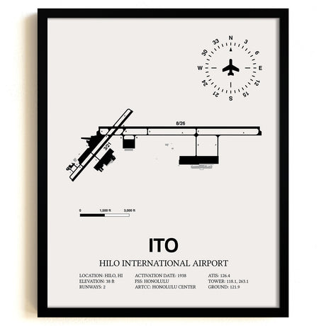 Framed Detailed Airport Map of Hilo International Airport (ITO) in White with a Black Frame