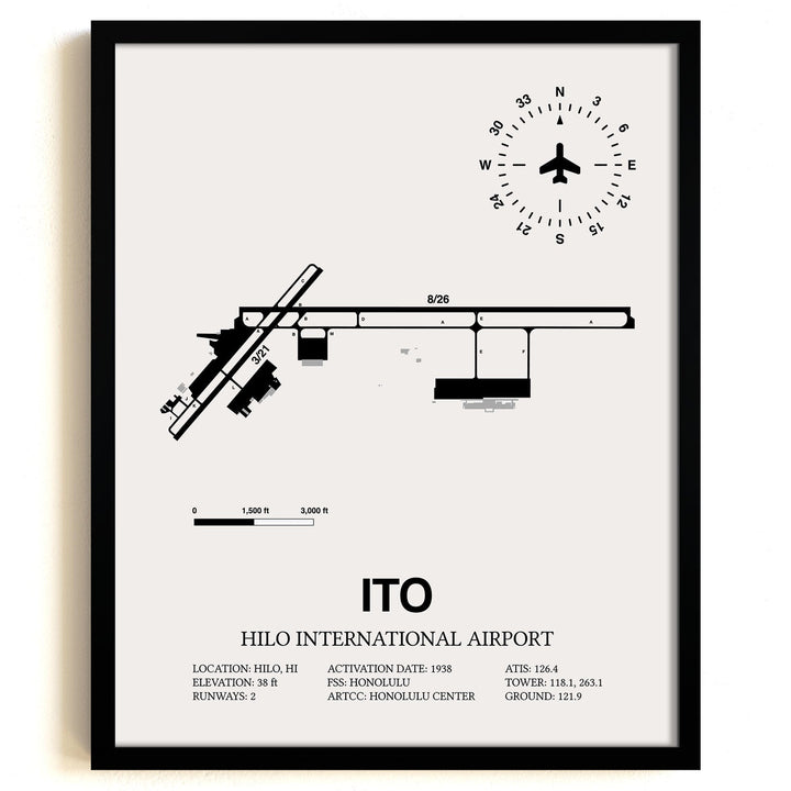 Framed Detailed Airport Map of Hilo International Airport (ITO) in White with a Black Frame