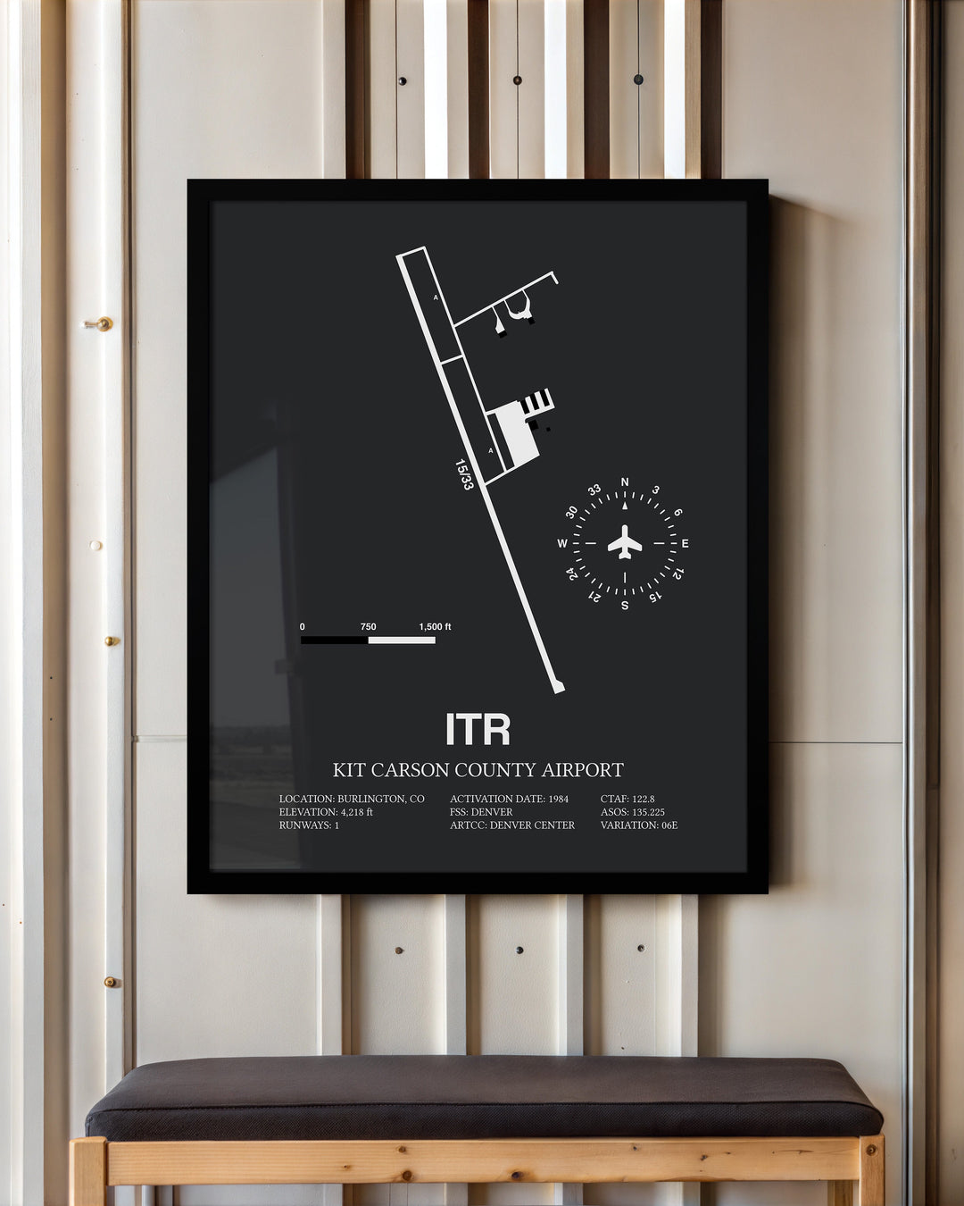Framed Detailed Airport Map of Kit Carson County Airport (ITR) in Gray with a Black Frame