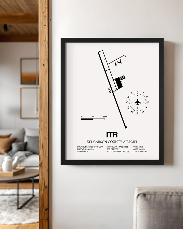 Framed Detailed Airport Map of Kit Carson County Airport (ITR) in White with a Black Frame