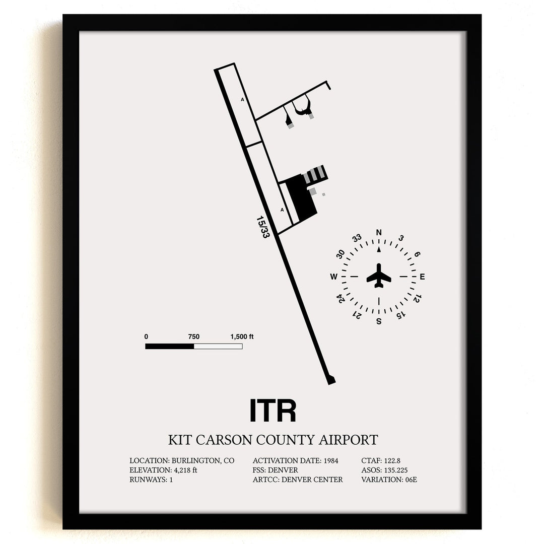Framed Detailed Airport Map of Kit Carson County Airport (ITR) in White with a Black Frame