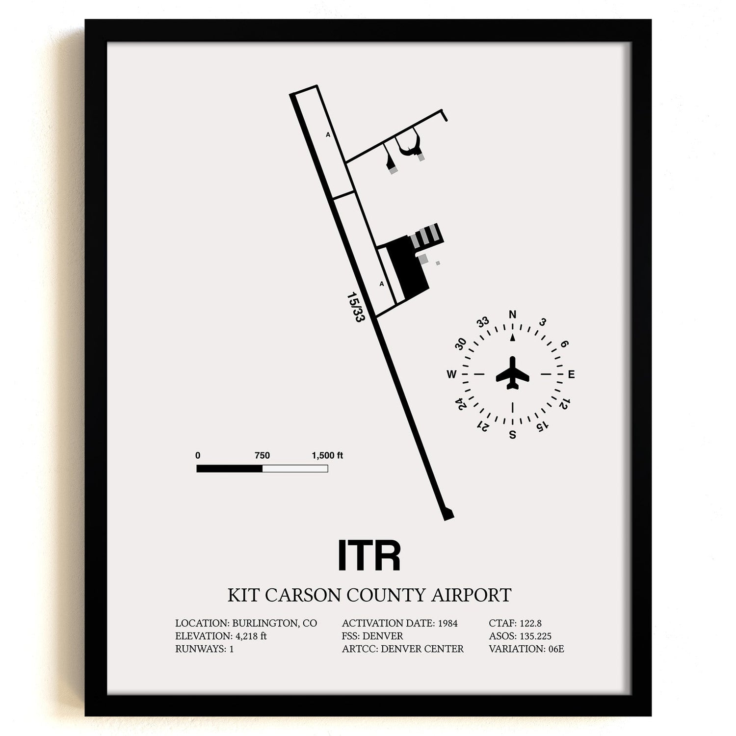 Framed Detailed Airport Map of Kit Carson County Airport (ITR) in White with a Black Frame