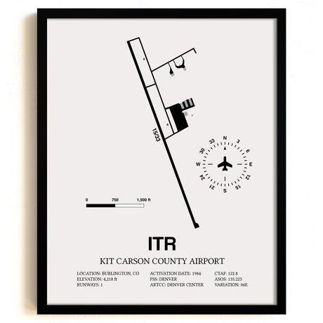 Framed Detailed Airport Map of Kit Carson County Airport (ITR) in White with a Black Frame