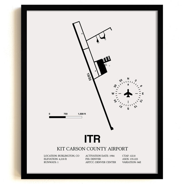Framed Detailed Airport Map of Kit Carson County Airport (ITR) in White with a Black Frame