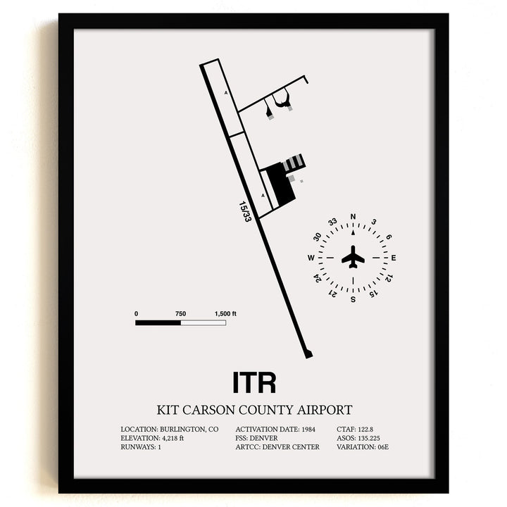 Framed Detailed Airport Map of Kit Carson County Airport (ITR) in White with a Black Frame
