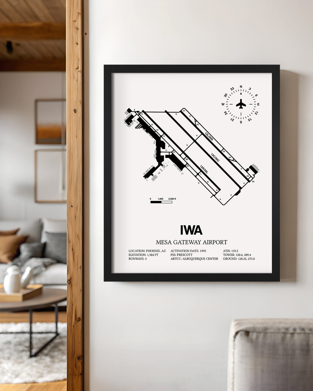 Framed Detailed Airport Map of Phoenix Mesa Gateway Airport (IWA) in White with a Black Frame
