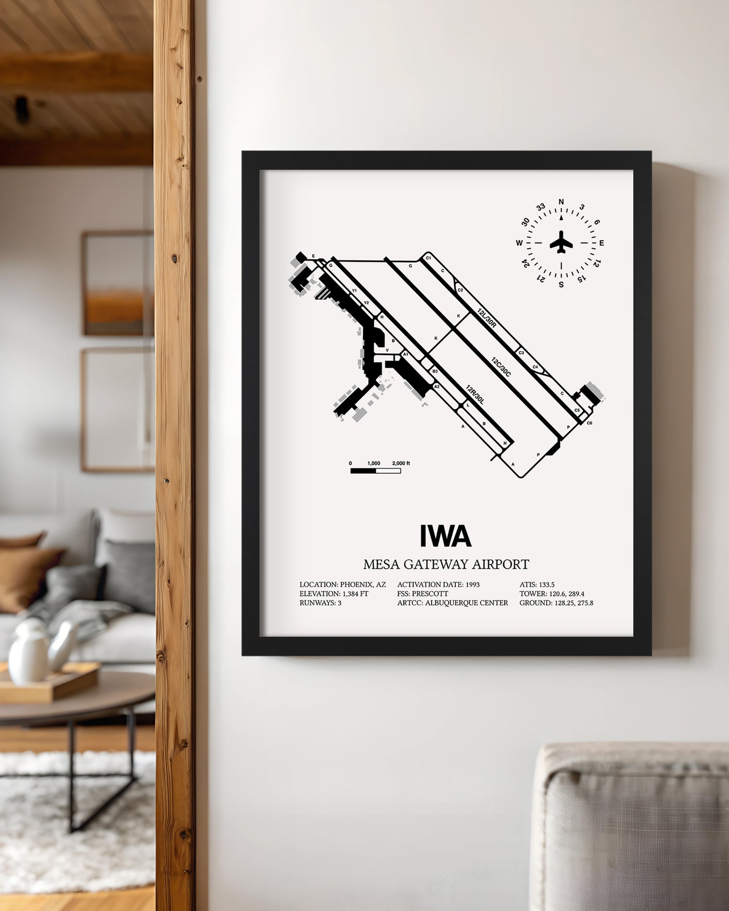 Framed Detailed Airport Map of Phoenix Mesa Gateway Airport (IWA) in White with a Black Frame