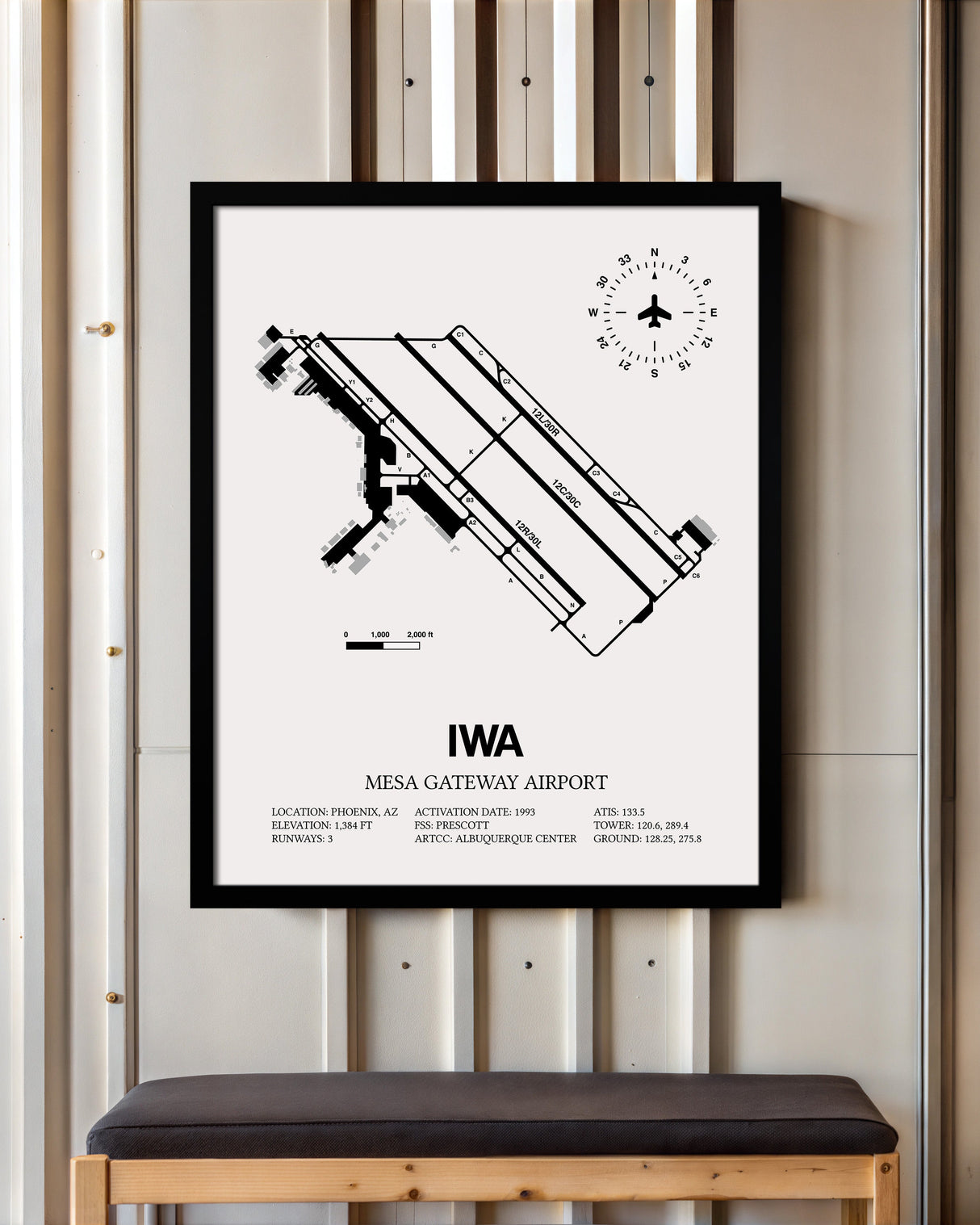 Framed Detailed Airport Map of Phoenix Mesa Gateway Airport (IWA) in White with a Black Frame