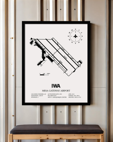 Framed Detailed Airport Map of Phoenix Mesa Gateway Airport (IWA) in White with a Black Frame