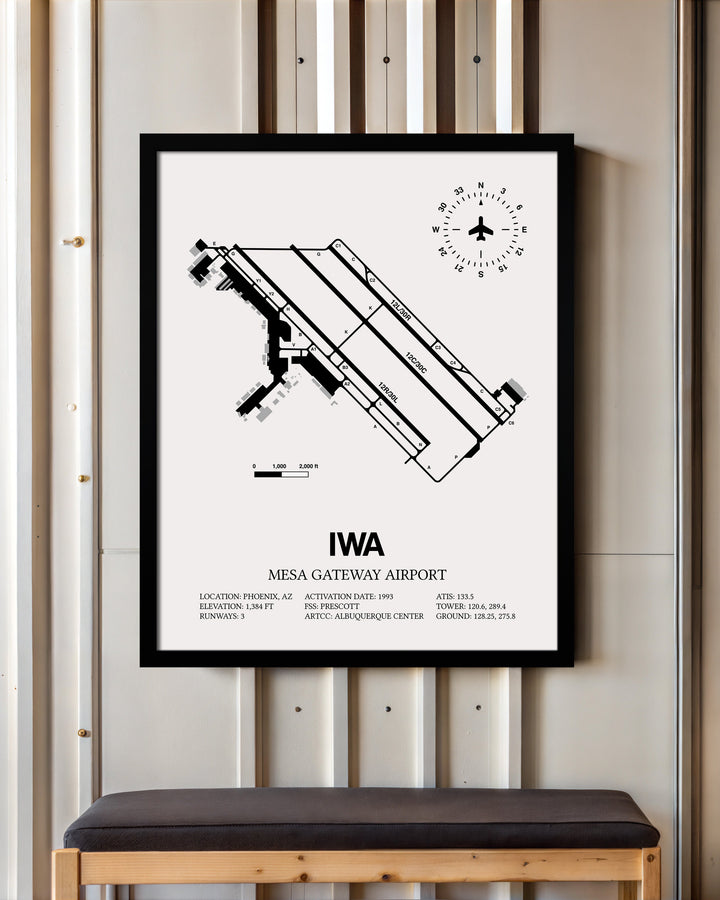 Framed Detailed Airport Map of Phoenix Mesa Gateway Airport (IWA) in White with a Black Frame