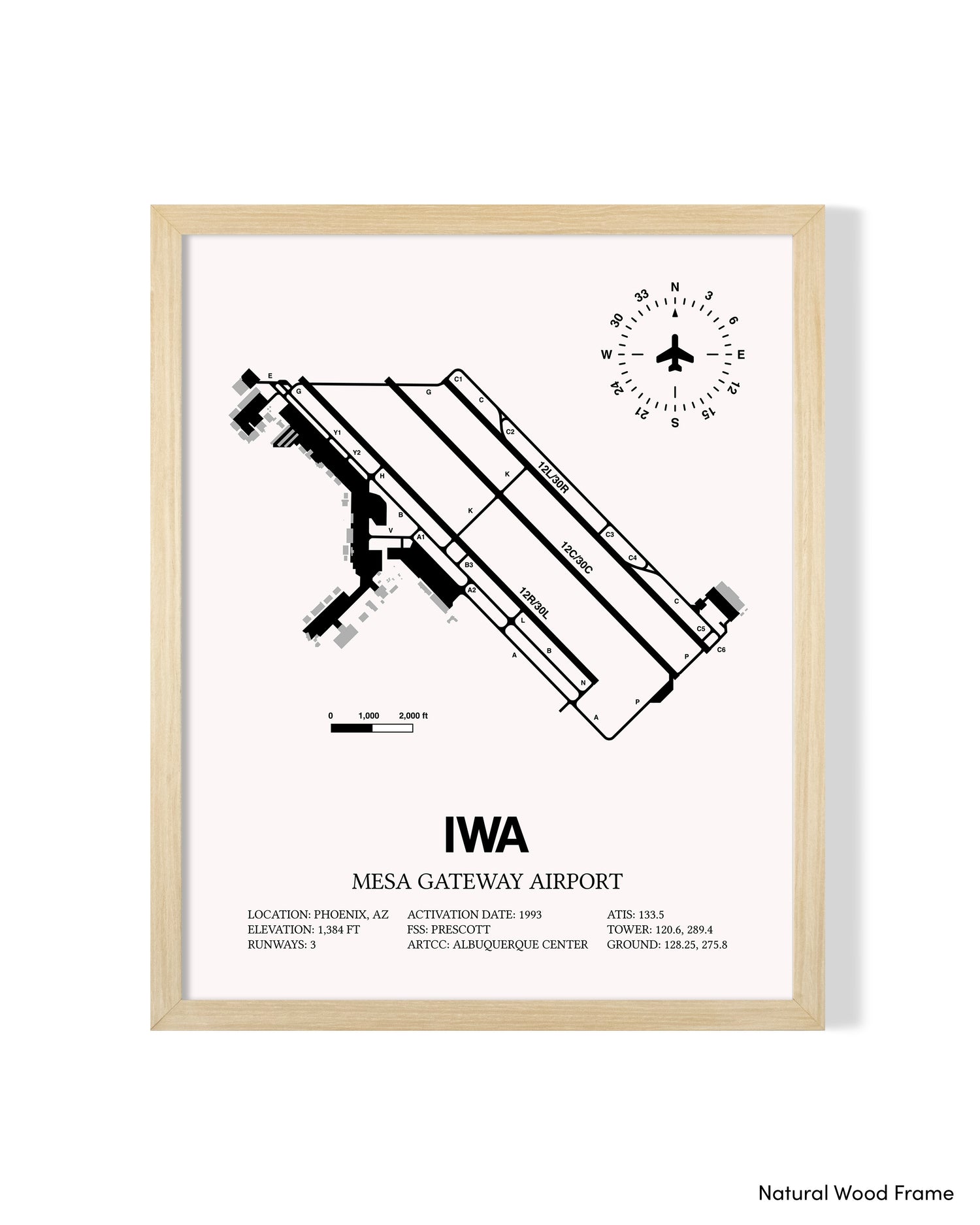 Detailed Airport Map of Phoenix Mesa Gateway Airport (IWA) in White with a Natural Frame