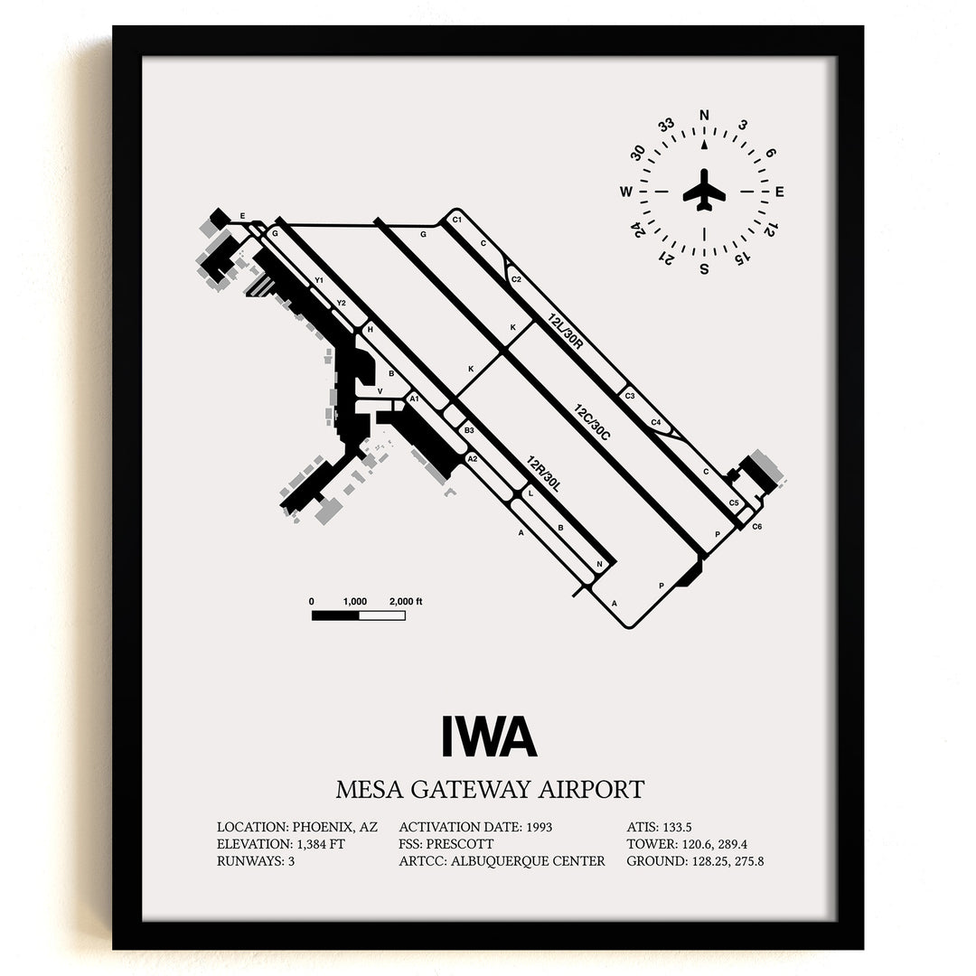 Framed Detailed Airport Map of Phoenix Mesa Gateway Airport (IWA) in White with a Black Frame
