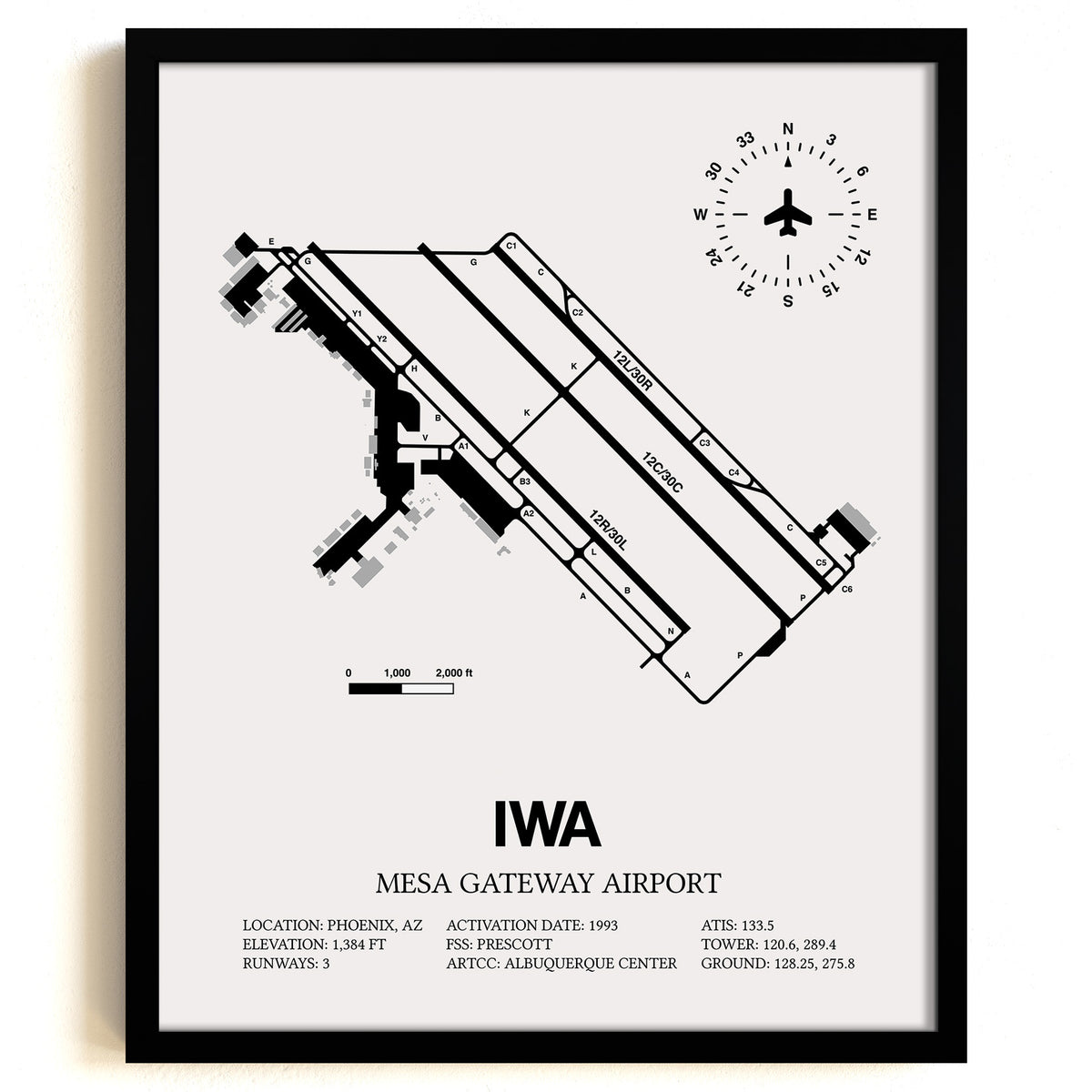 Framed Detailed Airport Map of Phoenix Mesa Gateway Airport (IWA) in White with a Black Frame