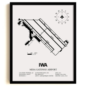 Framed Detailed Airport Map of Phoenix Mesa Gateway Airport (IWA) in White with a Black Frame
