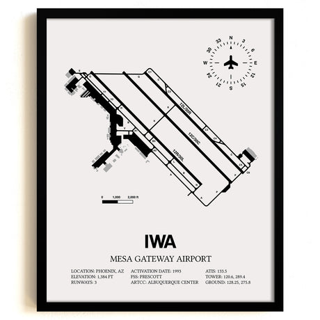 Framed Detailed Airport Map of Phoenix Mesa Gateway Airport (IWA) in White with a Black Frame