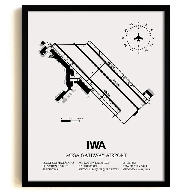 Framed Detailed Airport Map of Phoenix Mesa Gateway Airport (IWA) in White with a Black Frame