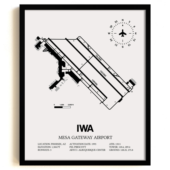 Framed Detailed Airport Map of Phoenix Mesa Gateway Airport (IWA) in White with a Black Frame