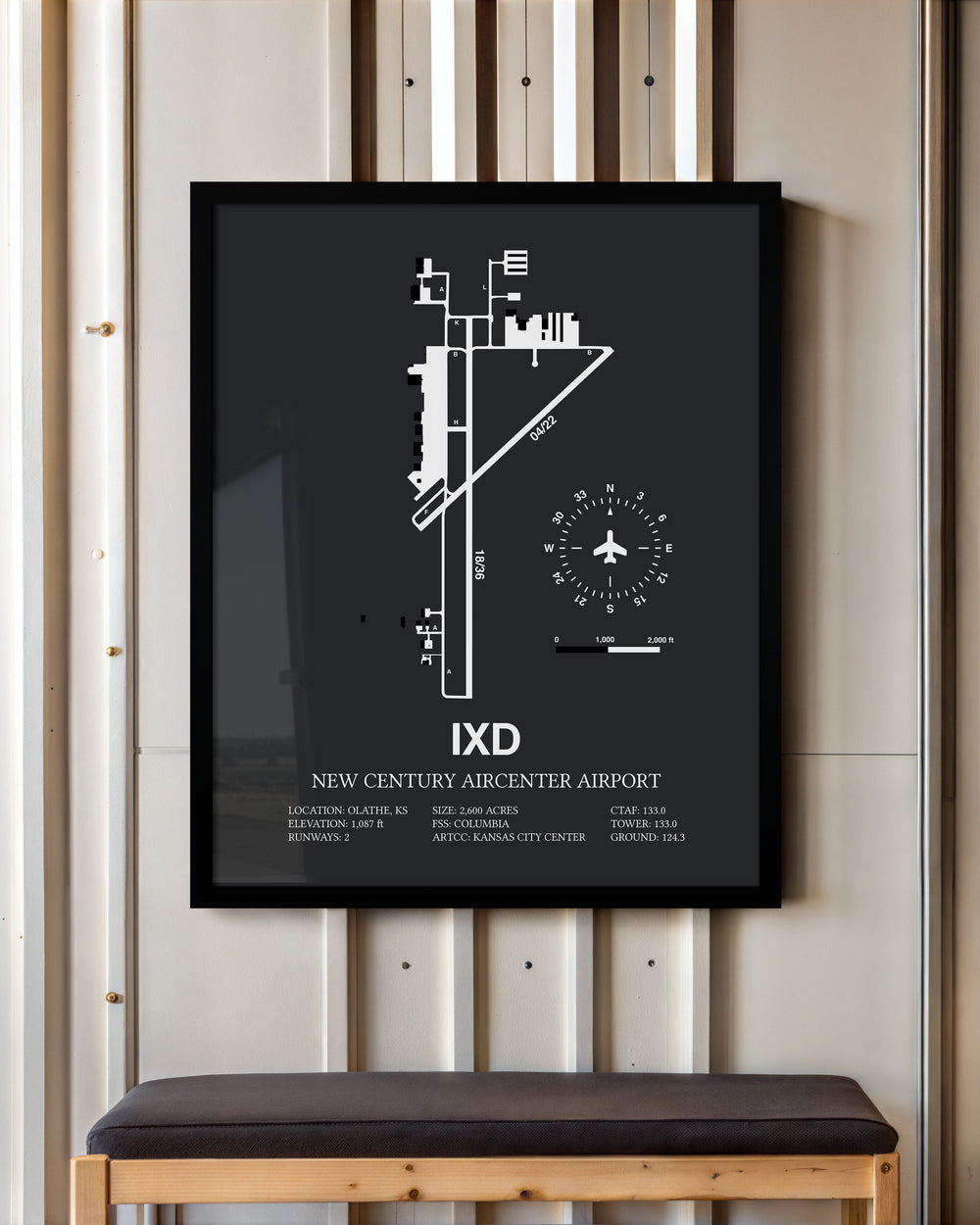 Framed Detailed Airport Map of New Century Aircenter Airport (IXD) in Gray with a Black Frame