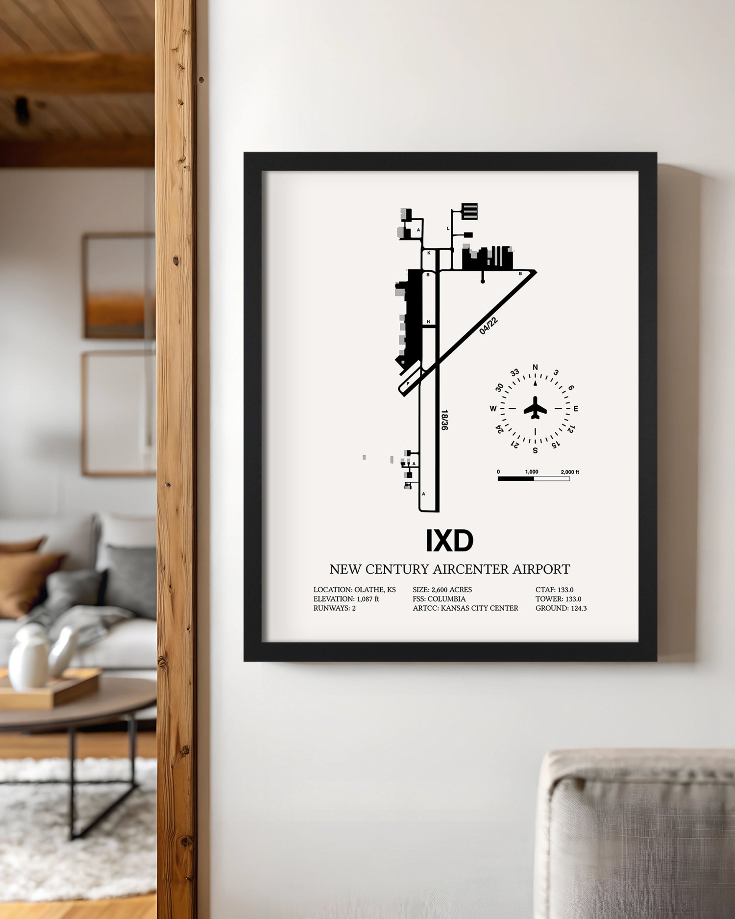 Framed Detailed Airport Map of New Century Aircenter Airport (IXD) in White with a Black Frame
