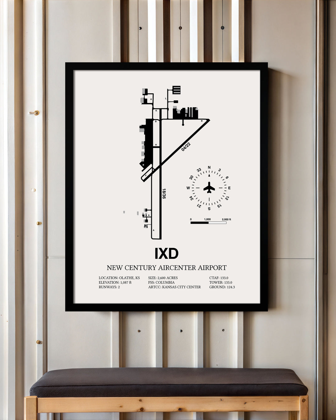 Framed Detailed Airport Map of New Century Aircenter Airport (IXD) in White with a Black Frame