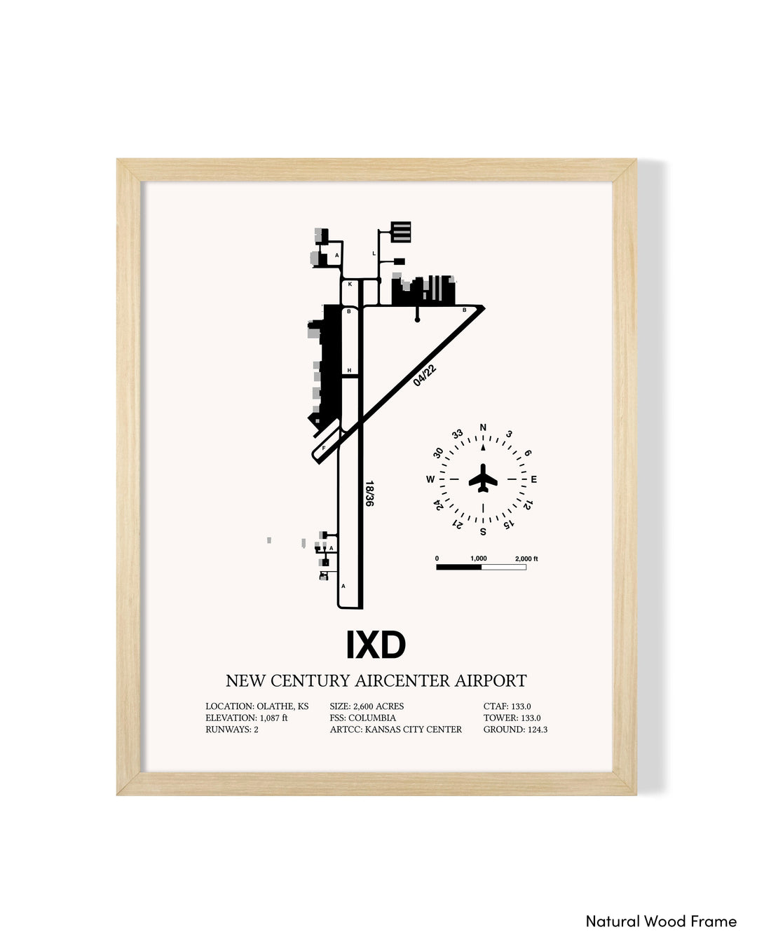 Detailed Airport Map of New Century Aircenter Airport (IXD) in White with a Natural Frame
