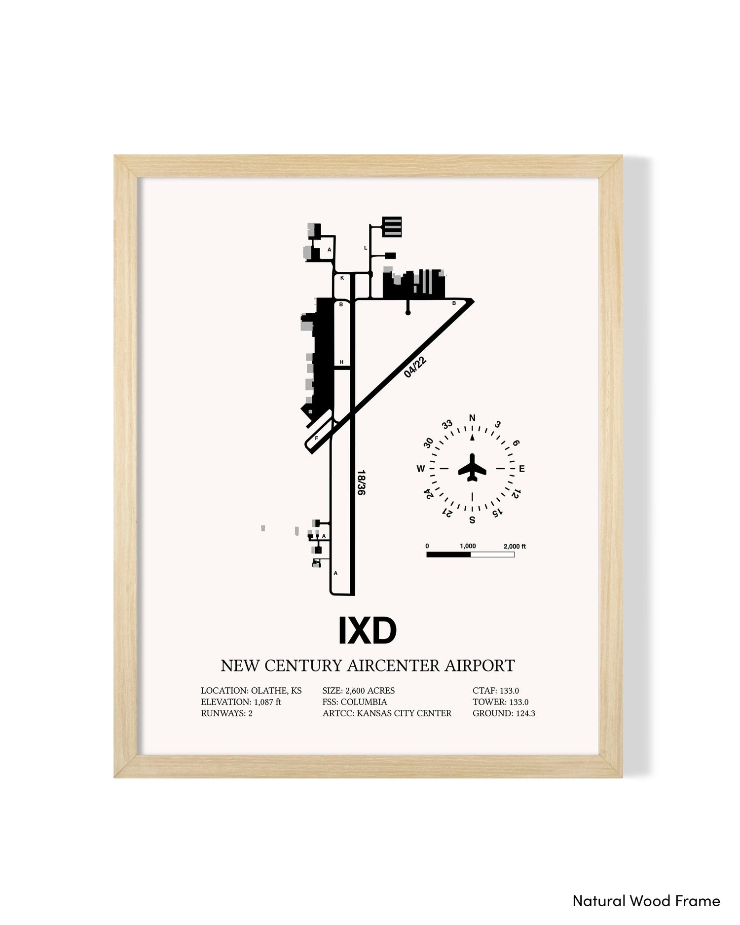 Detailed Airport Map of New Century Aircenter Airport (IXD) in White with a Natural Frame