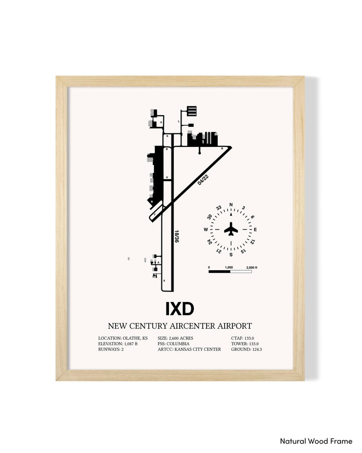 Detailed Airport Map of New Century Aircenter Airport (IXD) in White with a Natural Frame