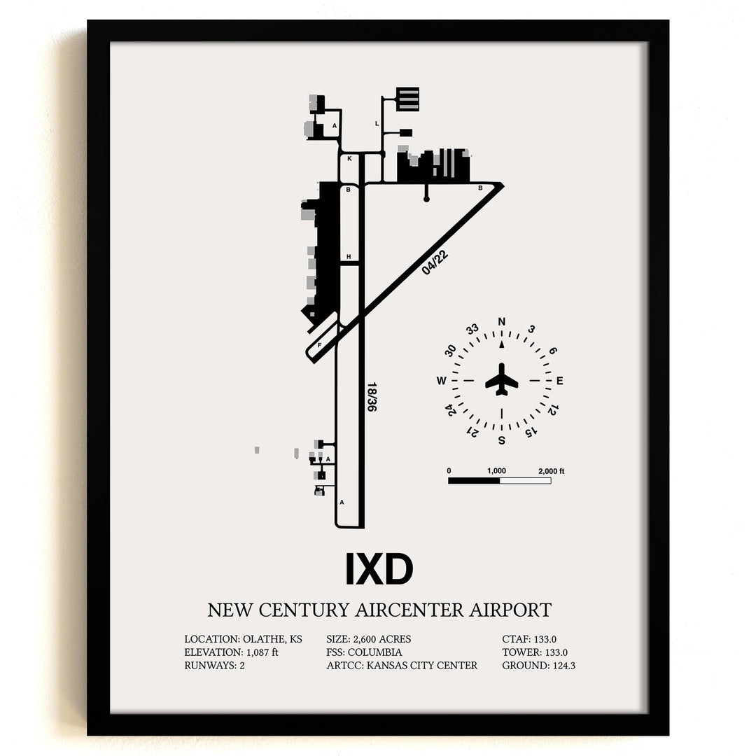 Framed Detailed Airport Map of New Century Aircenter Airport (IXD) in White with a Black Frame