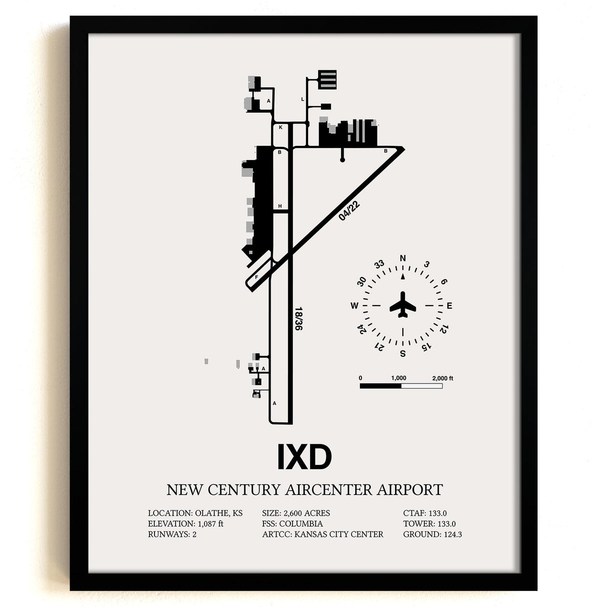 Framed Detailed Airport Map of New Century Aircenter Airport (IXD) in White with a Black Frame