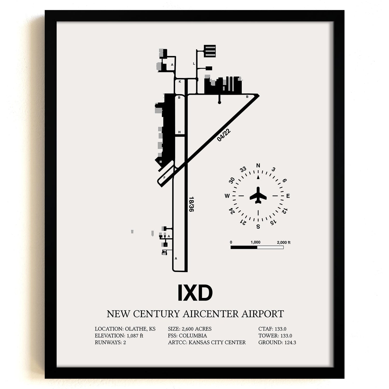 Framed Detailed Airport Map of New Century Aircenter Airport (IXD) in White with a Black Frame