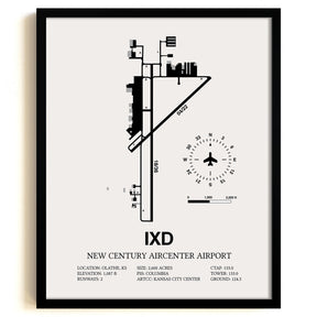Framed Detailed Airport Map of New Century Aircenter Airport (IXD) in White with a Black Frame