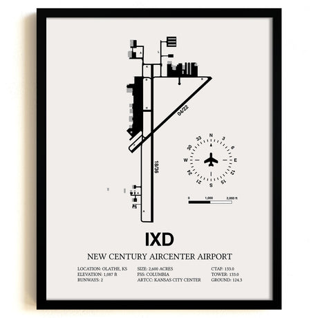 Framed Detailed Airport Map of New Century Aircenter Airport (IXD) in White with a Black Frame