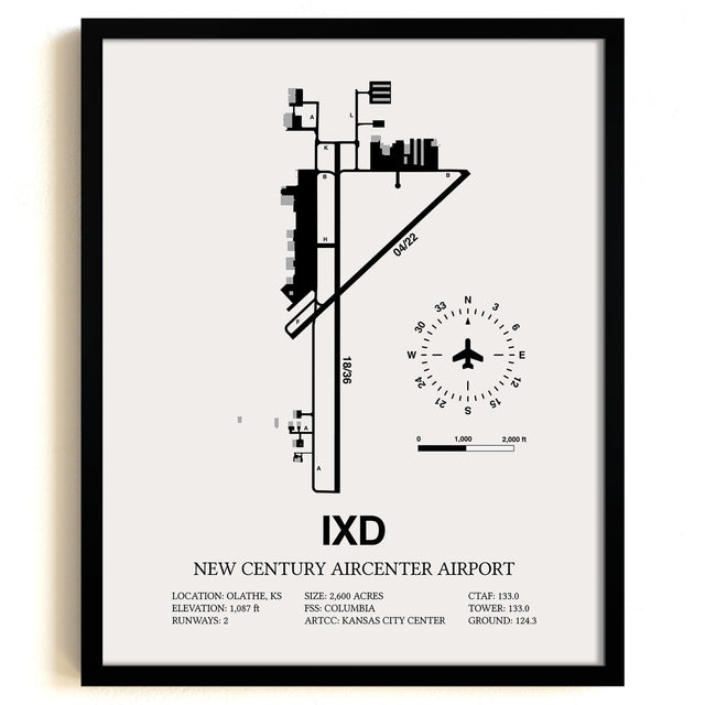 Framed Detailed Airport Map of New Century Aircenter Airport (IXD) in White with a Black Frame
