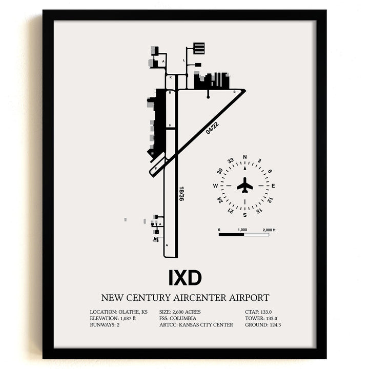 Framed Detailed Airport Map of New Century Aircenter Airport (IXD) in White with a Black Frame