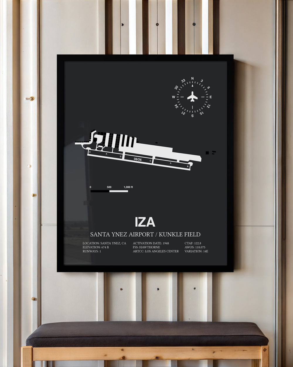 Framed Detailed Airport Map of Santa Ynez Airport / Kunkle Field (IZA) in Gray with a Black Frame
