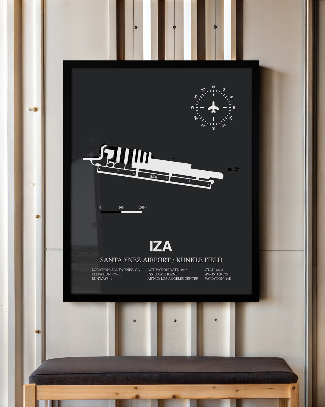 Framed Detailed Airport Map of Santa Ynez Airport / Kunkle Field (IZA) in Gray with a Black Frame