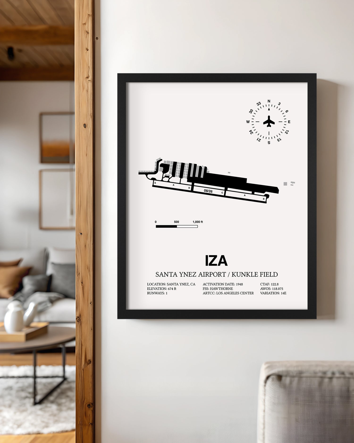 Framed Detailed Airport Map of Santa Ynez Airport / Kunkle Field (IZA) in White with a Black Frame