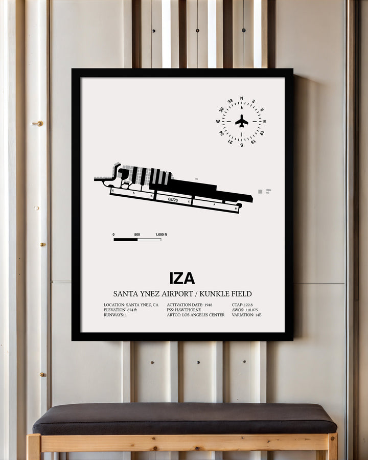 Framed Detailed Airport Map of Santa Ynez Airport / Kunkle Field (IZA) in White with a Black Frame