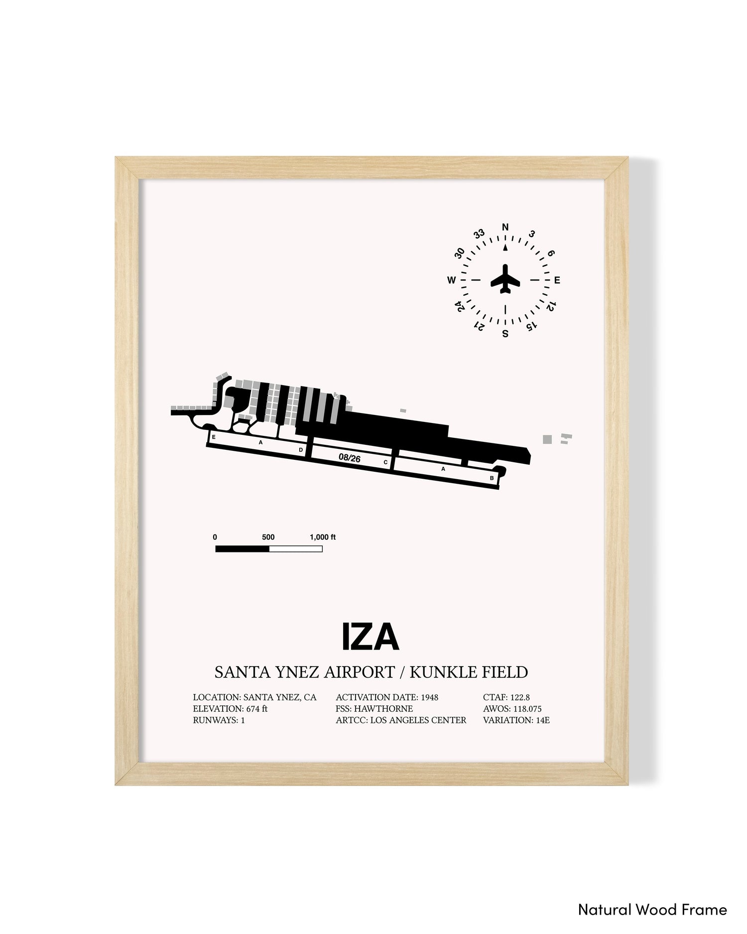 Detailed Airport Map of Santa Ynez Airport / Kunkle Field (IZA) in White with a Natural Frame