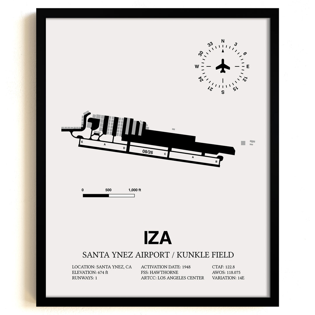 Framed Detailed Airport Map of Santa Ynez Airport / Kunkle Field (IZA) in White with a Black Frame