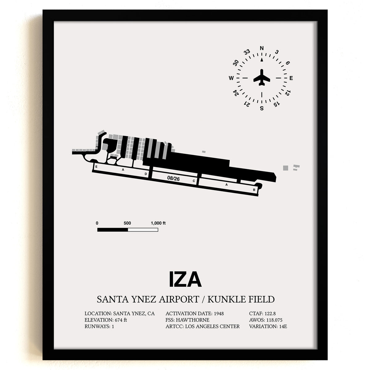 Framed Detailed Airport Map of Santa Ynez Airport / Kunkle Field (IZA) in White with a Black Frame