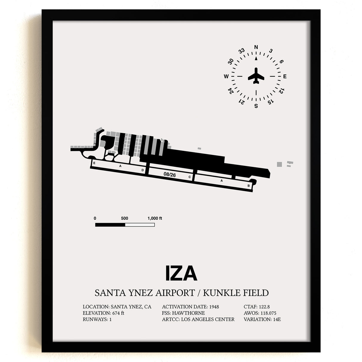 Framed Detailed Airport Map of Santa Ynez Airport / Kunkle Field (IZA) in White with a Black Frame