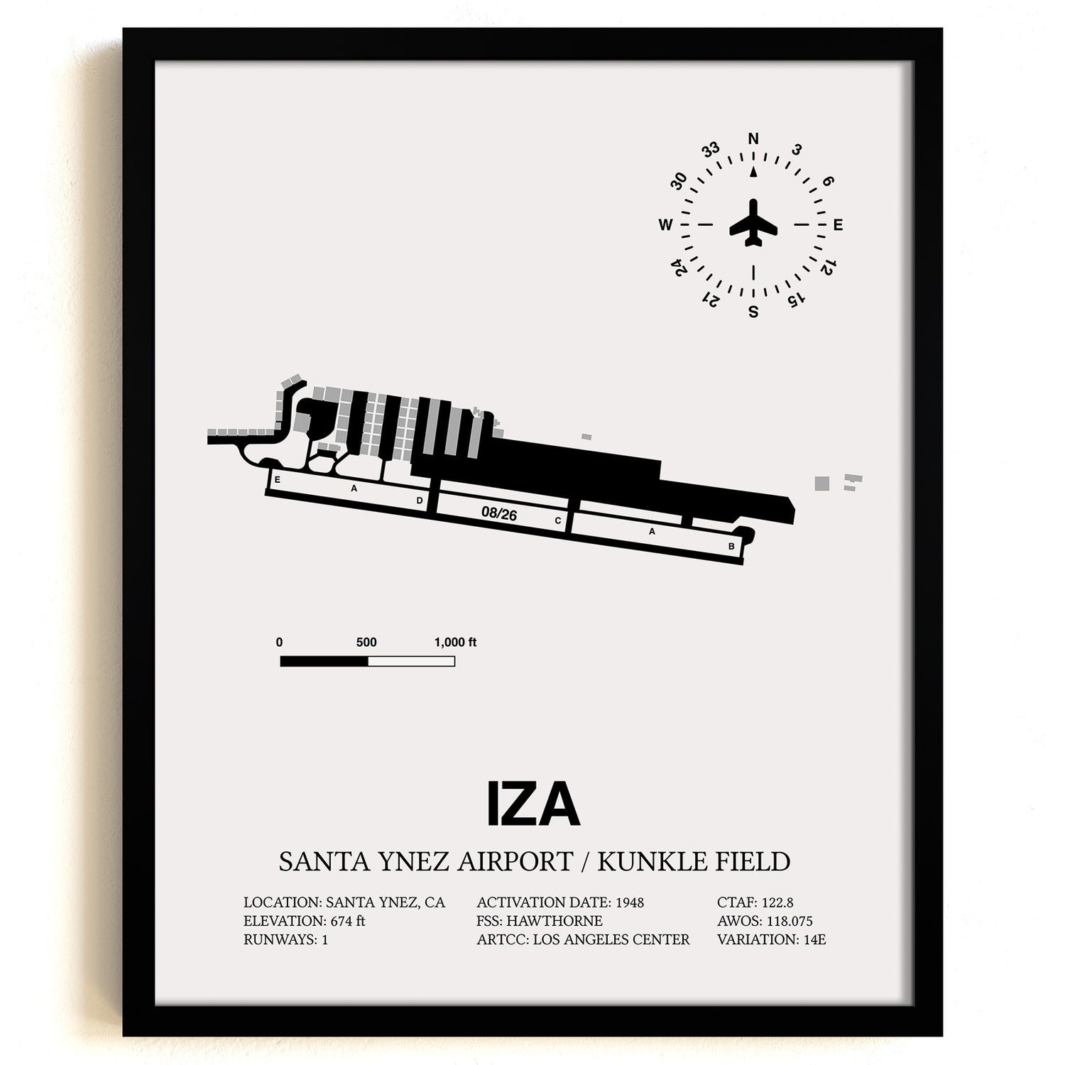 Framed Detailed Airport Map of Santa Ynez Airport / Kunkle Field (IZA) in White with a Black Frame