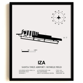 Framed Detailed Airport Map of Santa Ynez Airport / Kunkle Field (IZA) in White with a Black Frame