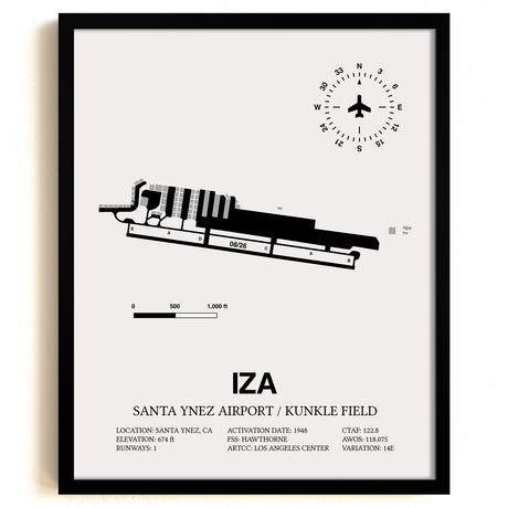 Framed Detailed Airport Map of Santa Ynez Airport / Kunkle Field (IZA) in White with a Black Frame