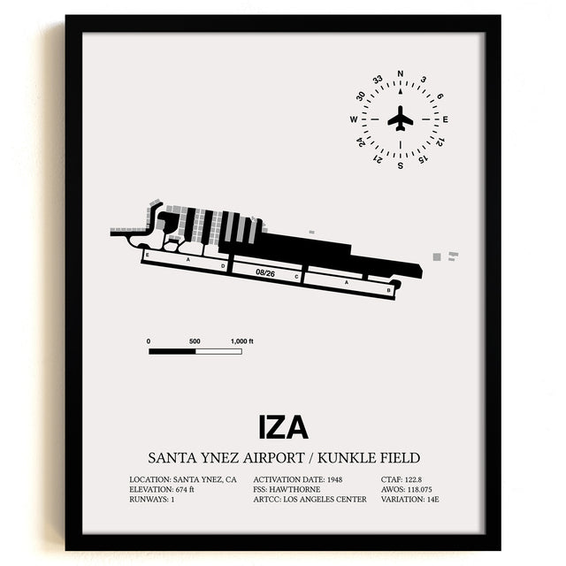 Framed Detailed Airport Map of Santa Ynez Airport / Kunkle Field (IZA) in White with a Black Frame