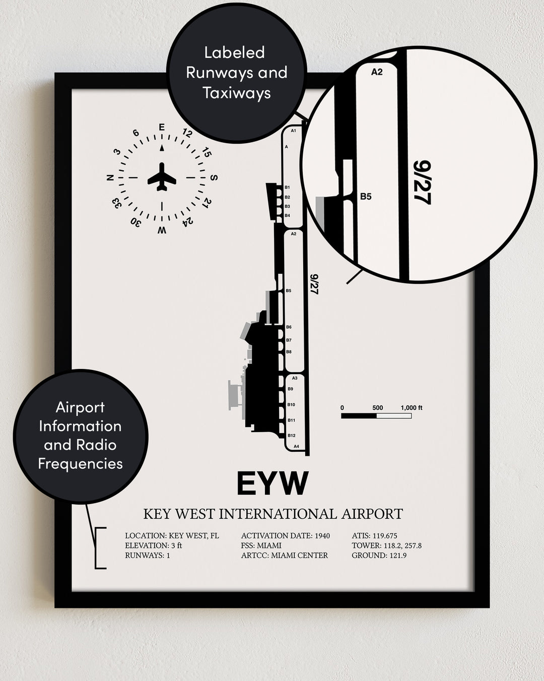 EYW Airport Map, Key West International Airport Print
